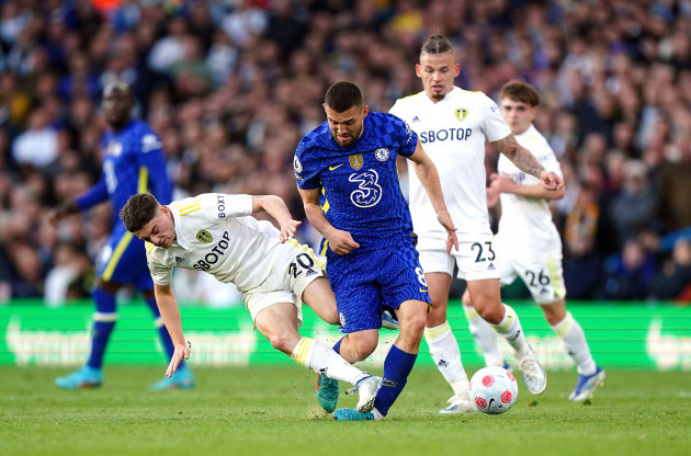 leeds-uniteds-daniel-james-tackles-chelseas-mateo-kovacic-and-is-then-sent-off-during-the-premier-league-match-at-elland-road-leeds-picture-date-wednesday-may-11-2022