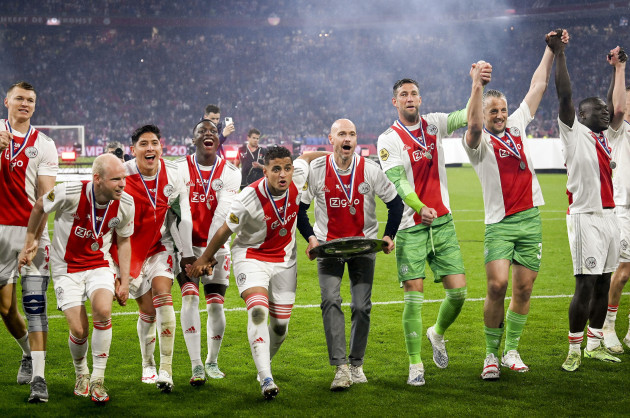 amsterdam-ajax-coach-erik-ten-hag-celebrates-the-national-championship-with-his-selection-after-the-dutch-eredivisie-match-between-ajax-amsterdam-and-sc-heerenveen-at-the-johan-cruijff-arena-on-may