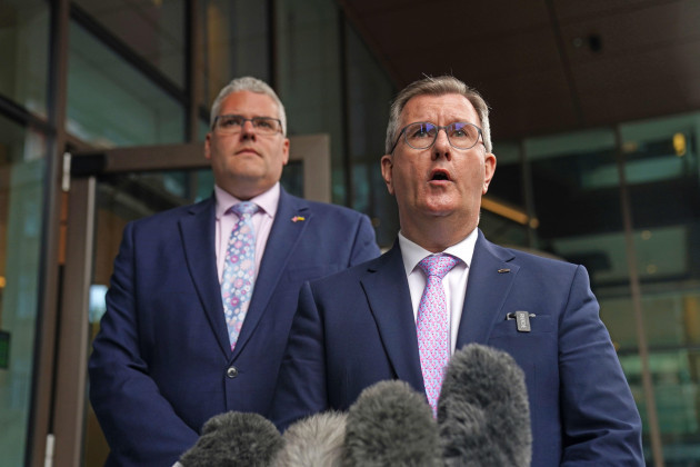 dup-leader-sir-jeffrey-donaldson-right-speaks-to-the-media-alongside-gavin-robinson-outside-the-grand-central-hotel-in-belfast-following-his-meeting-with-taoiseach-micheal-martin-picture-date-fri