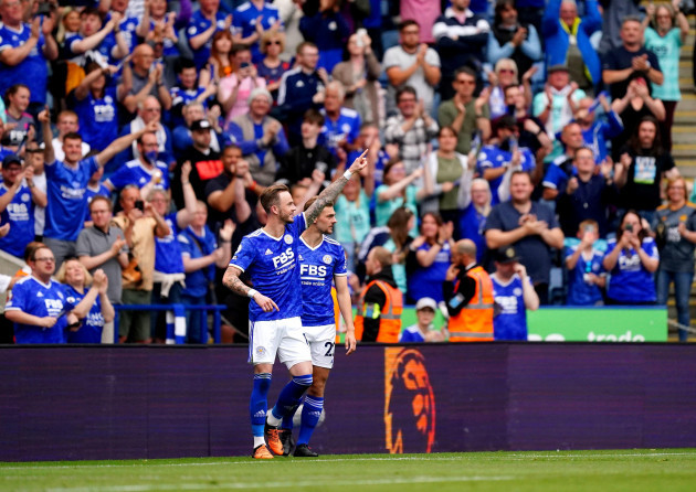 leicester-citys-james-maddison-left-celebrates-scoring-their-sides-first-goal-of-the-game-during-the-premier-league-match-at-the-king-power-stadium-leicester-picture-date-sunday-may-22-2022