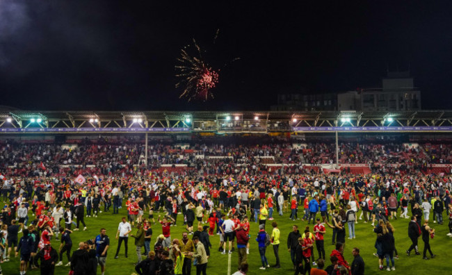 file-photo-dated-17-05-2022-of-nottingham-forest-fans-celebrating-on-the-pitch-after-they-reach-the-play-off-final-accrington-chairman-andy-holt-has-warned-this-weeks-pitch-invasions-are-a-disaster