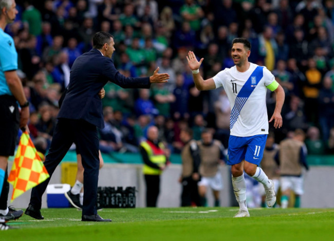 greeces-anastasios-bakasetas-celebrates-with-manager-gus-poyet-after-scoring-their-sides-first-goal-of-the-game-during-the-uefa-nations-league-match-at-windsor-park-belfast-picture-date-thursday