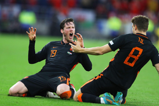 cardiff-uk-08th-june-2022-wout-weghorst-of-the-netherlands-19-celebrates-after-he-scores-his-teams-2nd-goal-uefa-nations-league-group-d-match-wales-v-netherlands-at-the-cardiff-city-stadium