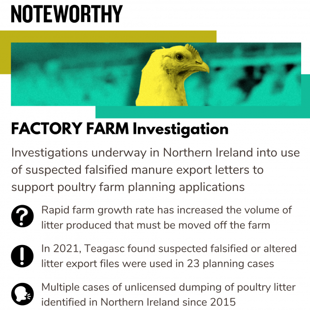 Investigations underway in Northern Ireland into use of suspected falsified manure export letters to support poultry farm planning applications Rapid farm growth rate has increased the volume of litter produced that must be moved off the farm In 2021, Teagasc found suspected falsified or altered litter export files were used in 23 planning cases Multiple cases of unlicensed dumping of poultry litter identified in Northern Ireland since 2015 