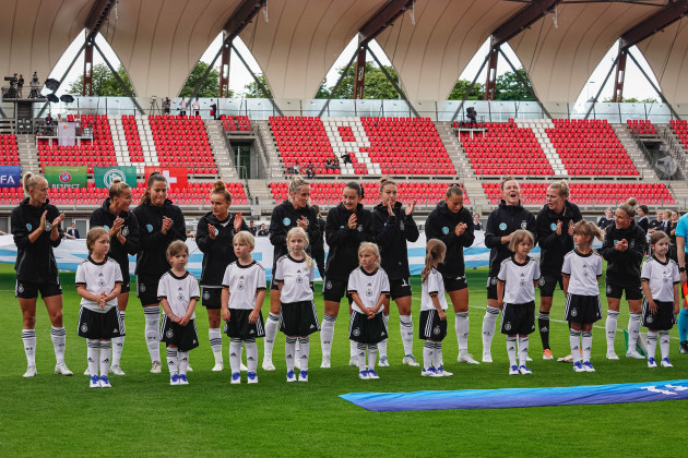 erfurt-germany-24th-june-2022-players-of-germany-after-the-national-anthem-during-the-international-friendly-match-between-germany-and-switzerland-at-the-steigerwaldstadium-in-erfurt-germany-nor