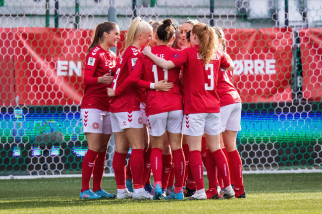 viborg-denmark-12th-apr-2022-stine-larsen-12-of-denmark-scores-for-1-0-and-celebrating-with-the-team-during-the-womens-world-cup-qualifier-between-denmark-and-azerbaijan-at-viborg-stadion-in-vi