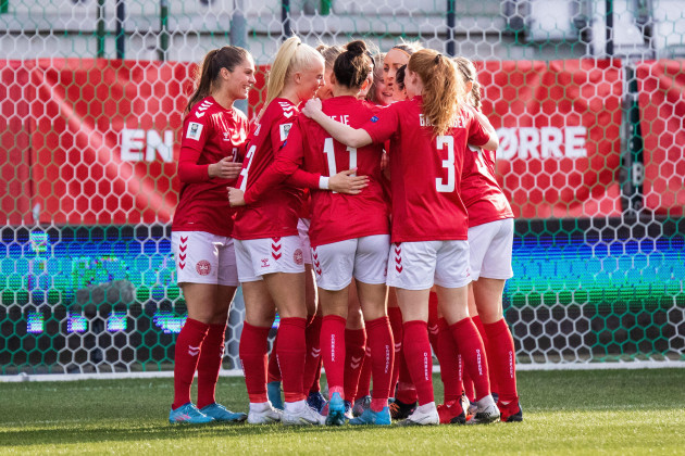 viborg-denmark-12th-apr-2022-stine-larsen-12-of-denmark-scores-for-1-0-and-celebrating-with-the-team-during-the-womens-world-cup-qualifier-between-denmark-and-azerbaijan-at-viborg-stadion-in-vi