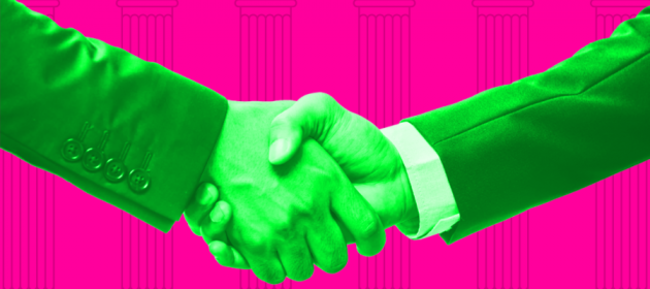 Design for THE CONSTRUCTION NETWORK - Two business people in suits shaking hands