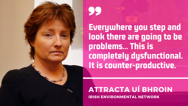 Attracta Uí Bhroin from the Irish Environmental Network - wearing a black top and necklace with the quote - Everywhere you step and look there are going to be problems… This is completely dysfunctional. It is counter-productive.