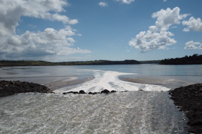 Foam sitting in a rectangular holding area in the front, with some spilling out over and floating along the estuary behind.