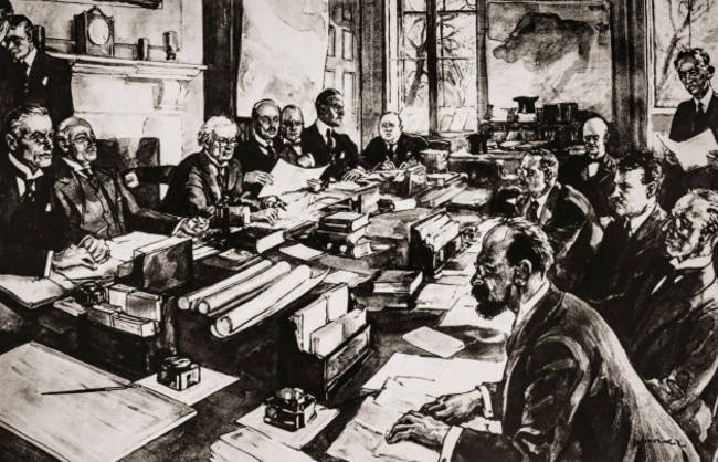 treaty-talks-in-the-cabinet-room-of-no-10-downing-street-in-london-in-1921-on-the-left-is-the-british-team-including-lloyd-george-and-winston-churchill-to-the-right-are-heads-of-the-irish-delegation