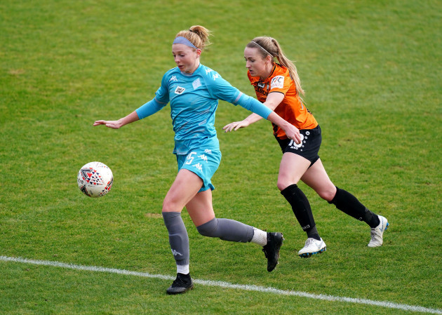 london-citys-hayley-nolan-left-and-london-bees-sophie-mclean-battle-for-the-ball-during-the-fa-womens-championship-match-at-the-hive-barnet