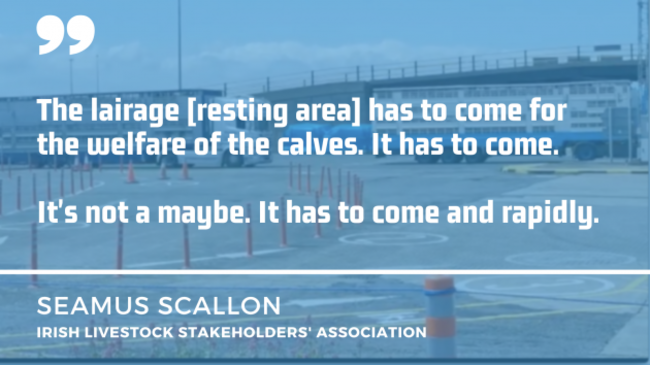 Background depicts trucks arriving at a port with calves. Text overlay is a quote by Seamus Scallon - a key player in the live export market - The lairage resting area has to come for the welfare of the calves. It has to come.  It's not a maybe. It has to come and rapidly.