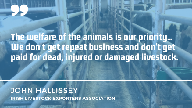 Background depicts cattle in pens on a ship. Text overlay is a quote by John Hallisey - a key player in the live export market - The welfare of the animals is our priority. We don't get repeat business and don't get paid for dead, injured, or damaged livestock.