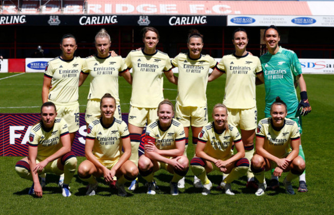 dagenham-england-may-08-back-row-katie-mccabe-of-arsenal-leah-williamson-of-arsenal-vivianne-miedema-of-arsenal-steph-catley-of-arsenal-l