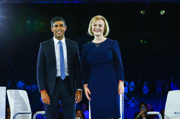 london-uk-31st-aug-2022-rishi-sunak-and-liz-truss-together-on-stage-the-final-hustings-in-the-conservative-party-leadership-race-held-at-wembley-arena-sees-liz-truss-and-rishi-sunak-compete-to