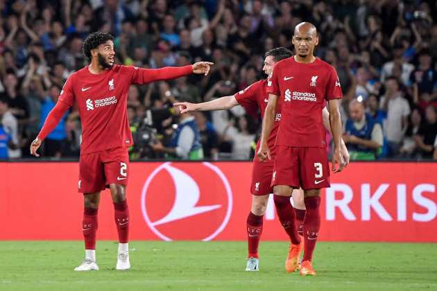 napoli-italy-07th-sep-2022-liverpool-players-look-dejected-after-piotr-zielinski-of-ssc-napoli-not-pictured-scored-on-penalty-the-goal-of-1-0-during-the-champions-league-group-a-football-match-b