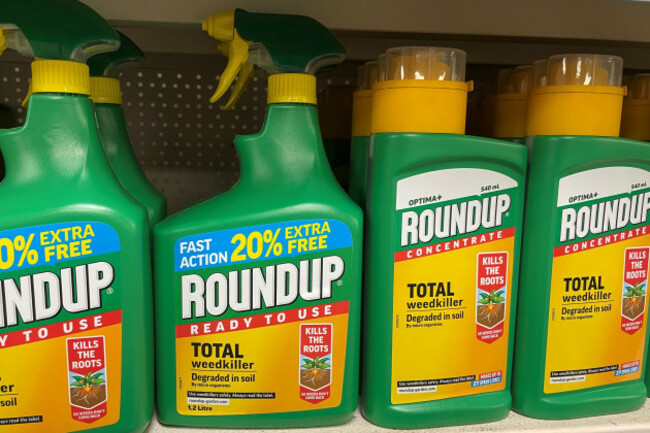 Green bottles of Roundup with yellow labels on a shop shelf.