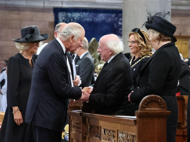 king-charles-iii-and-the-queen-consort-greet-president-michael-d-higgins-centre-right-as-they-attend-a-service-of-reflection-at-st-annes-cathedral-in-belfast-during-their-visit-to-northern-ireland