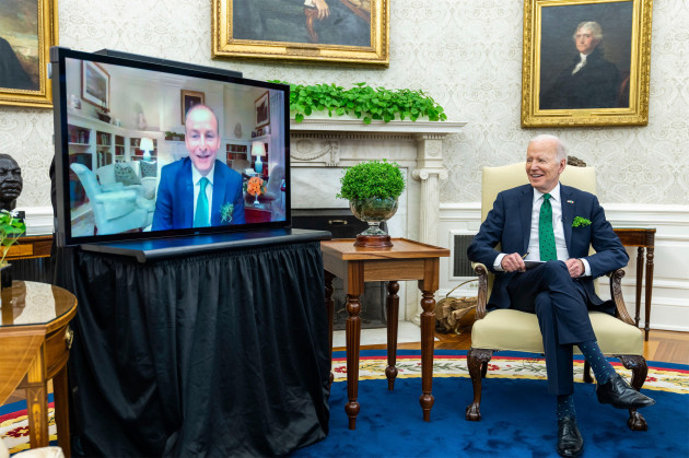 washington-dc-usa-17th-mar-2022-washington-dc-usa-17-march-2022-u-s-president-joe-biden-chats-with-irish-prime-minister-micheal-martin-by-video-conference-to-mark-st-patricks-day-with-the-trad