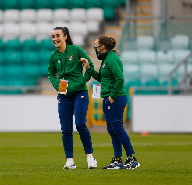 tallaght-stadium-dublin-leinster-ireland-1st-dec-2020-womens-uefa-championship-qualifier-football-ireland-versus-germany-niamh-farrelly-and-harriet-scott-of-ireland-inspects-the-pitch-prior-to