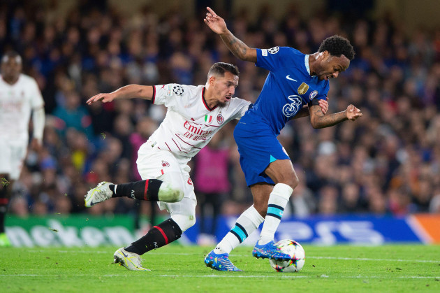 london-uk-05th-oct-2022-raheem-sterling-of-chelsea-and-ismael-bennacer-of-ac-milan-during-the-uefa-champions-league-group-stage-match-between-chelsea-and-ac-milan-at-stamford-bridge-london-engla