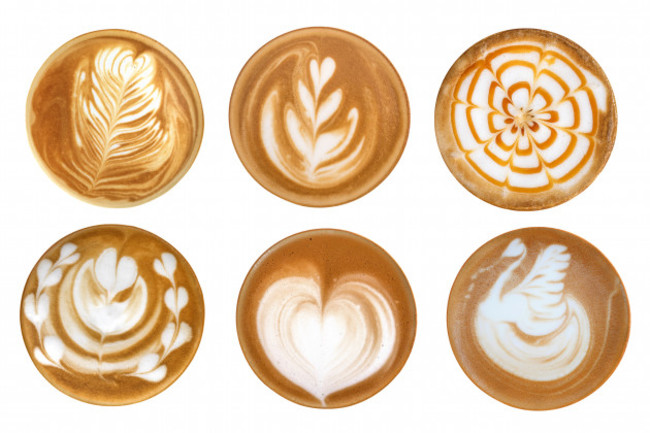 coffeelatteartcappuccinofoamsetisolatedonwhitebackground