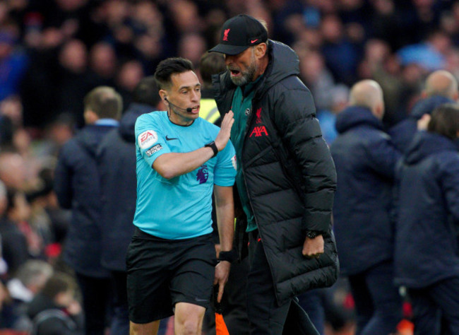 liverpool-manager-jurgen-klopp-speaks-with-the-official-during-the-premier-league-match-at-anfield-liverpool-picture-date-sunday-october-16-2022