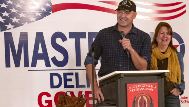 springdale-united-states-13th-oct-2022-republican-candidate-for-governor-of-pennsylvania-doug-mastriano-addresses-his-supporters-and-his-wife-rebbie-looks-on-during-the-meet-and-greet-at-the-spr