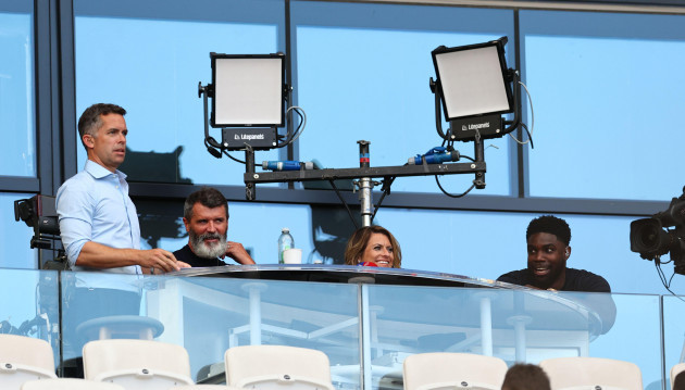 london-uk-7th-aug-2022-sky-sports-david-jones-roy-keane-karen-carney-and-micah-richards-watch-the-game-during-the-premier-league-match-at-the-london-stadium-london-picture-credit-should-read