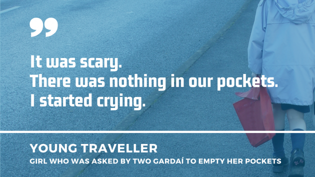 Girl walking with bag in the background with a quote by a young Traveller girl who was asked by two gardaí to empty her pockets - It was scary. There was nothing in our pockets. I started crying.