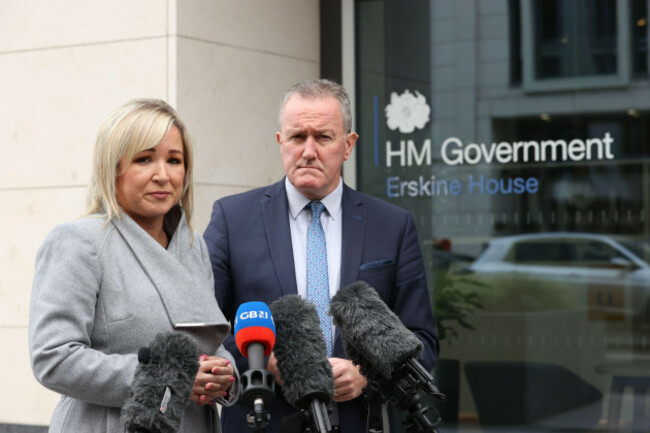 sinn-fein-vice-president-michelle-oneill-and-connor-murphy-speaking-to-the-media-outside-erskine-house-belfast-northern-ireland-after-meeting-northern-ireland-secretary-chris-heaton-harris-mr-heato