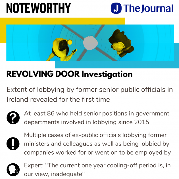 Noteworthy - The Journal - REVOLVING DOOR Investigation. Extent of lobbying by former senior public officials in Ireland revealed for the first time. At least 86 who held senior positions in government departments involved in lobbying since 2015. Multiple cases of ex-public officials lobbying former ministers and colleagues as well as being lobbied by companies worked for or went on to be employed by. Expert - The current one year cooling-off period is, in our view, inadequate.