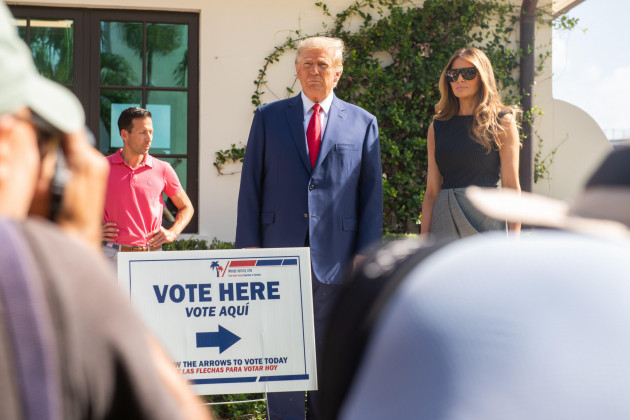 west-palm-beach-florida-usa-8th-nov-2022-president-donald-j-trump-and-first-lady-melania-trump-walk-out-of-the-polling-place-in-west-palm-beach-after-voting-on-election-day-this-is-going-to-b