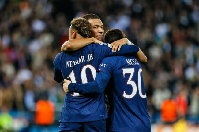 paris-france-october-25-2022-neymar-jr-kylian-mbappe-lionel-messi-of-psg-celebrate-during-the-uefa-champions-league-group-h-football-match-between-paris-saint-germain-and-maccabi-haifa-on-octo