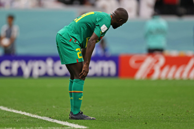 doha-qatar-04th-dec-2022-youssouf-sabaly-of-senegal-regrets-the-goal-of-harry-kane-of-england-during-the-match-between-england-and-senegal-for-the-round-of-16-of-the-fifa-world-cup-qatar-2022-a