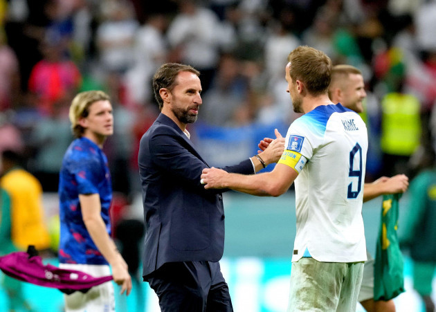 england-manager-gareth-southgate-left-shakes-hands-with-harry-kane-at-the-end-of-the-fifa-world-cup-round-of-sixteen-match-at-the-al-bayt-stadium-in-al-khor-qatar-picture-date-sunday-december-4