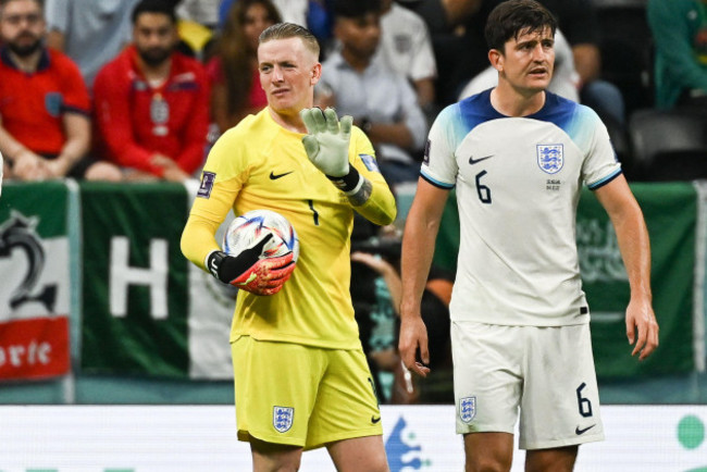 doha-qatar-04th-dec-2022-jordan-pickford-and-harry-maguire-of-england-during-england-v-senegal-match-of-the-fifa-world-cup-qatar-2022-at-al-bayt-stadium-in-doha-qatar-on-december-4-2022-photo-b