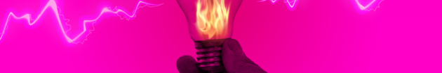 Design for LIGHTS OUT - A light bulb which is on fire being held in someone’s hand with a jagged white line coming out of it symbolising electric current. 