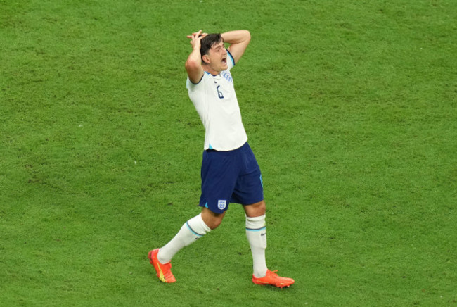 englands-harry-maguire-reacts-to-a-missed-chance-during-the-fifa-world-cup-quarter-final-match-at-the-al-bayt-stadium-in-al-khor-qatar-picture-date-saturday-december-10-2022