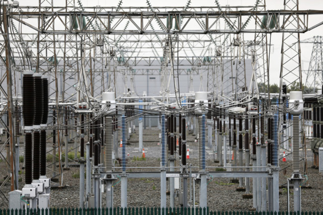 Metal pylons and wire connections outside of an electricity sub-station