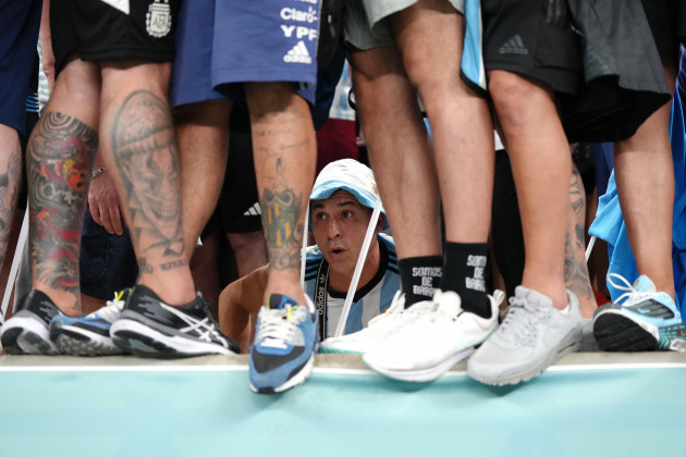 an-argentina-fan-looks-on-during-the-fifa-world-cup-semi-final-match-at-the-lusail-stadium-in-lusail-qatar-picture-date-tuesday-december-13-2022