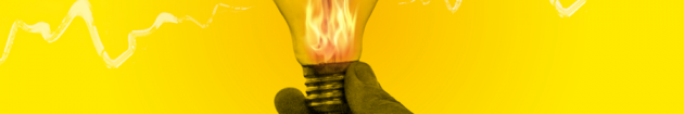 Design for LIGHTS OUT - A light bulb which is on fire being held in someone’s hand with a jagged white line coming out of it symbolising electric current.