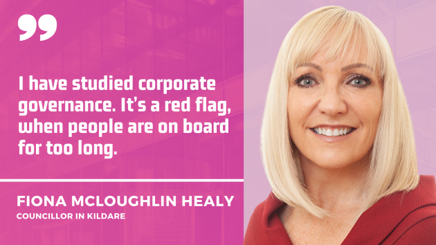 Fiona McLoughlin Healy, Councillor in Kildare, with a red top with quote - I have studied corporate governance. It’s a red flag, when people are on board for too long.