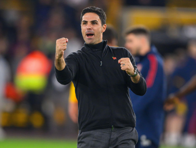 wolverhampton-uk-12th-nov-2022-12-nov-2022-wolverhampton-wanderers-v-arsenal-premier-league-molineux-arsenal-manager-mikel-arteta-celebrates-after-the-2-0-victory-against-wolves-at-molineux