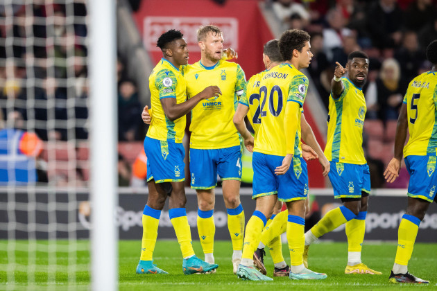 southampton-uk-04th-jan-2023-taiwo-awoniyi-9-of-nottingham-forest-celebrates-with-team-mates-after-opening-the-scoring-during-the-premier-league-match-southampton-vs-nottingham-forest-at-st-mary