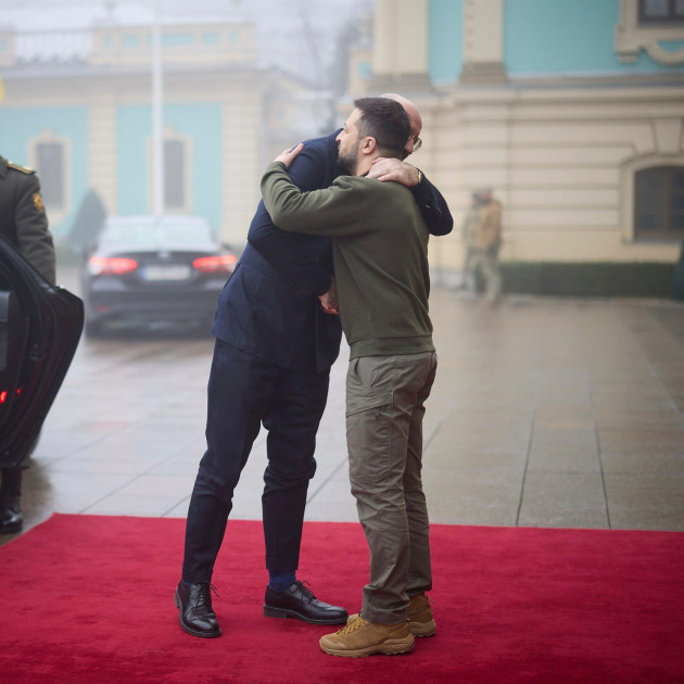 kyiv-ukraine-19th-jan-2023-ukrainian-president-volodymyr-zelenskyy-right-embraces-european-council-president-charles-michel-on-arrival-at-the-mariinskyi-palace-january-19-2023-in-kiev-ukraine