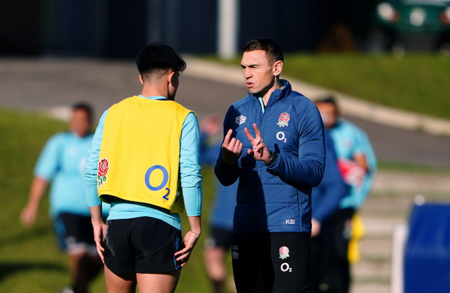 england-defensive-coach-kevin-sinfield-and-marcus-smith-during-a-training-session-at-pennyhill-park-bagshot-picture-date-monday-january-30-2023