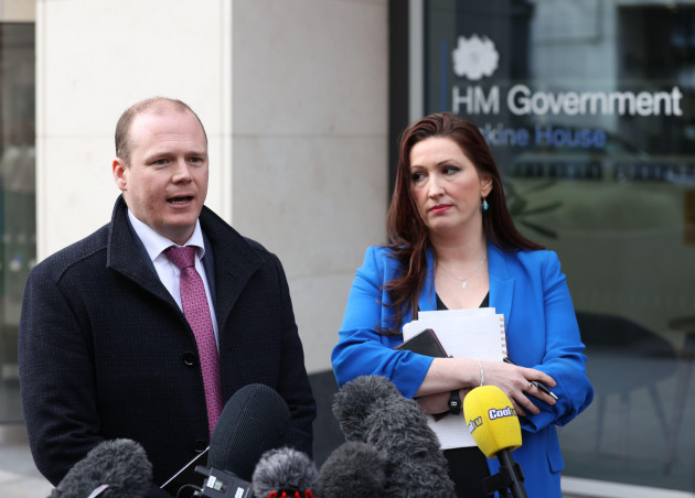 gordon-lyons-left-and-emma-little-pengelly-from-the-dup-speak-to-the-media-outside-the-northern-ireland-office-at-erskine-house-belfast-after-northern-ireland-secretary-chris-heaton-harris-held-a