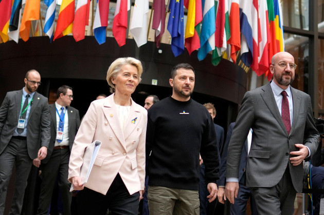from-left-european-commission-president-ursula-von-der-leyen-ukraines-president-volodymyr-zelenskyy-and-european-council-president-charles-michel-walk-together-to-a-media-conference-at-an-eu-summit